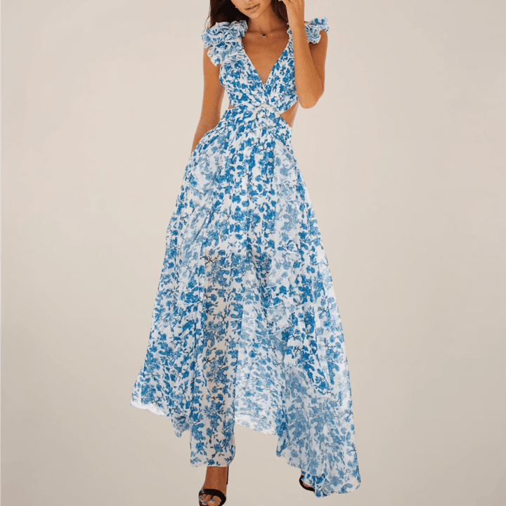 Maxikleid Damen Sommer | V-Ausschnitt Volant Ärmel | Maxikleid mit Schlitz Elegant