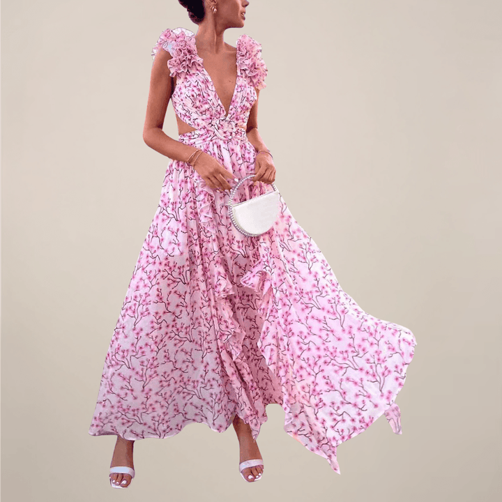 Maxikleid Damen Sommer | V-Ausschnitt Volant Ärmel | Maxikleid mit Schlitz Elegant
