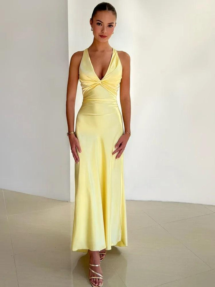Abendkleid Damen Satin | Halter Maxikleid Rückenfrei | Festliches Kleid Gala Hochzeit