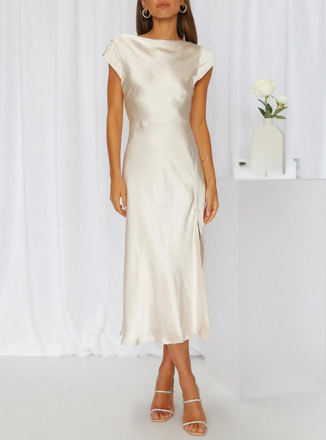 Sommerkleider Midi Damen | Midi Kleid Damen Bootsausschnitt Schlitz | Elegantes Kleid Kurzarm Figurbetont