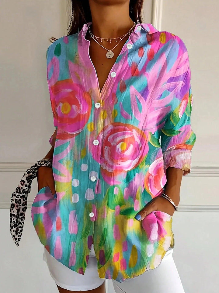 Bluse Damen Bunt | Blumendruck Langarm Knopfleiste | Sommerbluse Lockerer Schnitt Spitzkragen