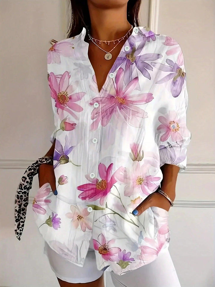 Bluse Damen Bunt | Blumendruck Langarm Knopfleiste | Sommerbluse Lockerer Schnitt Spitzkragen