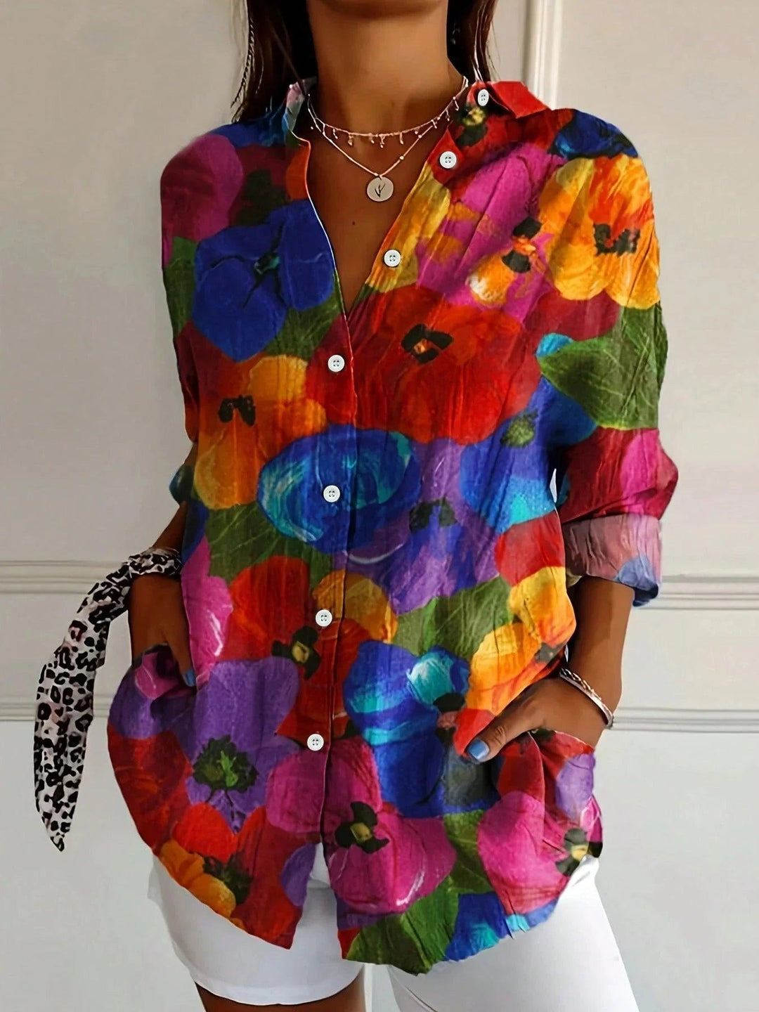 Bluse Damen Bunt | Blumendruck Langarm Knopfleiste | Sommerbluse Lockerer Schnitt Spitzkragen