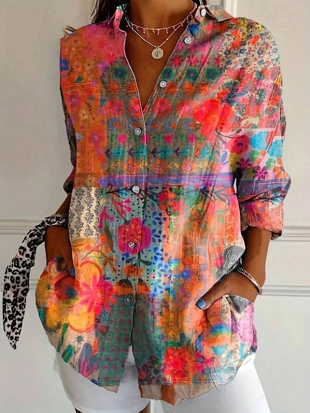 Bluse Damen Bunt | Blumendruck Langarm Knopfleiste | Sommerbluse Lockerer Schnitt Spitzkragen
