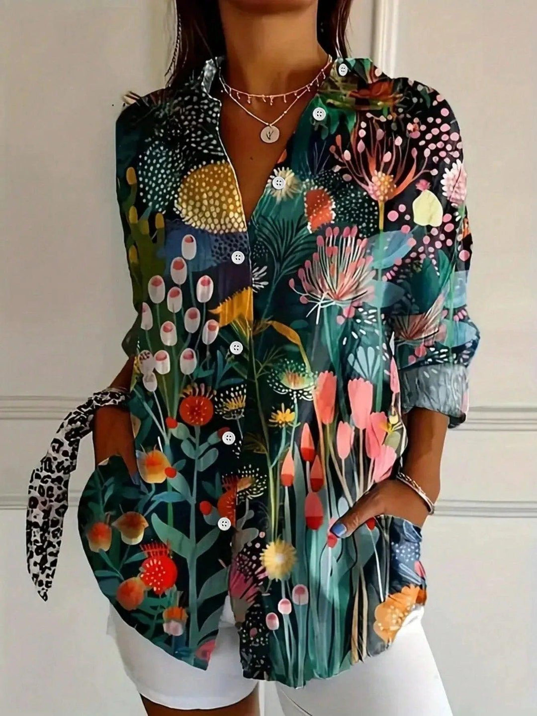 Bluse Damen Bunt | Blumendruck Langarm Knopfleiste | Sommerbluse Lockerer Schnitt Spitzkragen