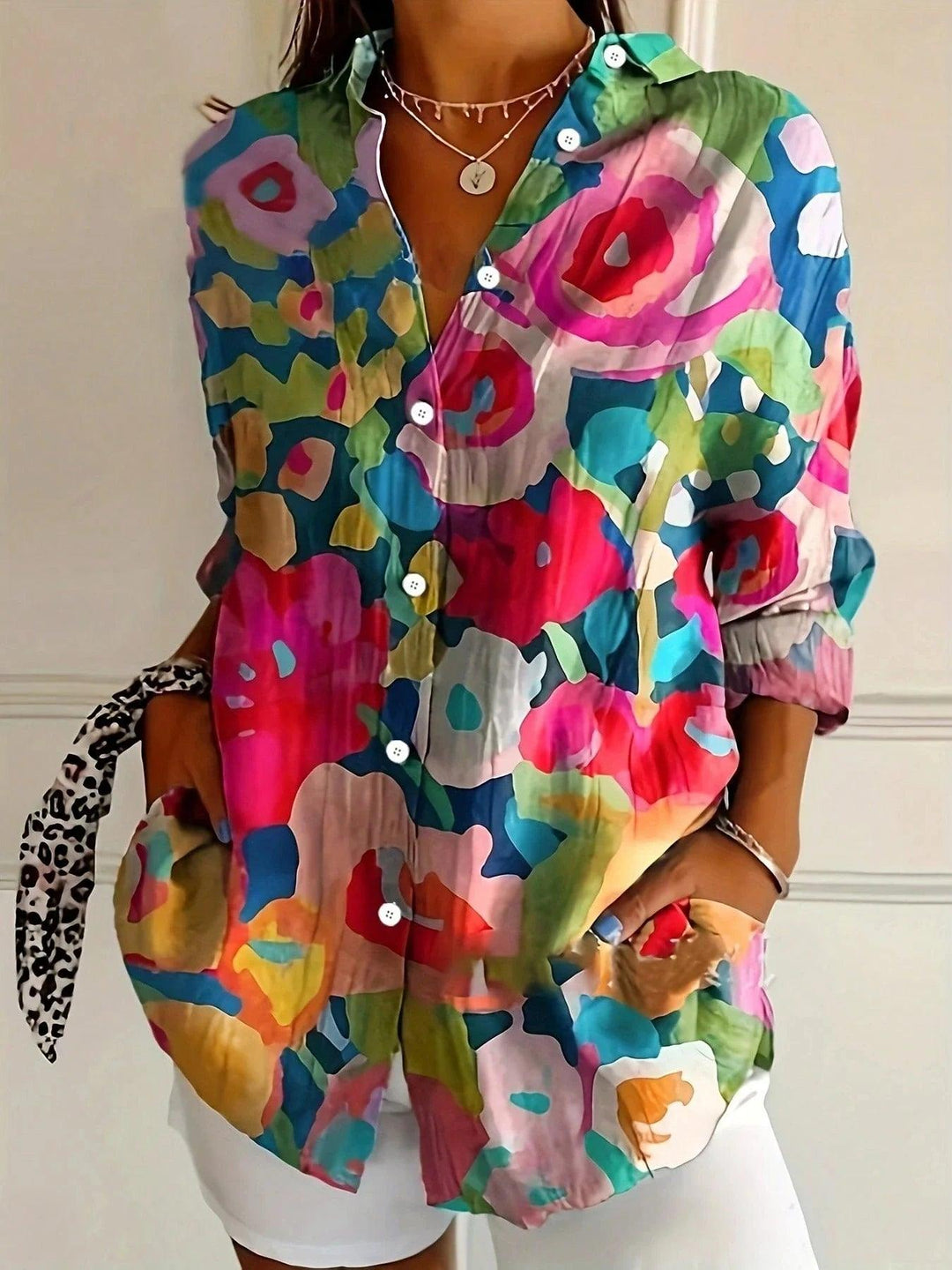 Bluse Damen Bunt | Blumendruck Langarm Knopfleiste | Sommerbluse Lockerer Schnitt Spitzkragen