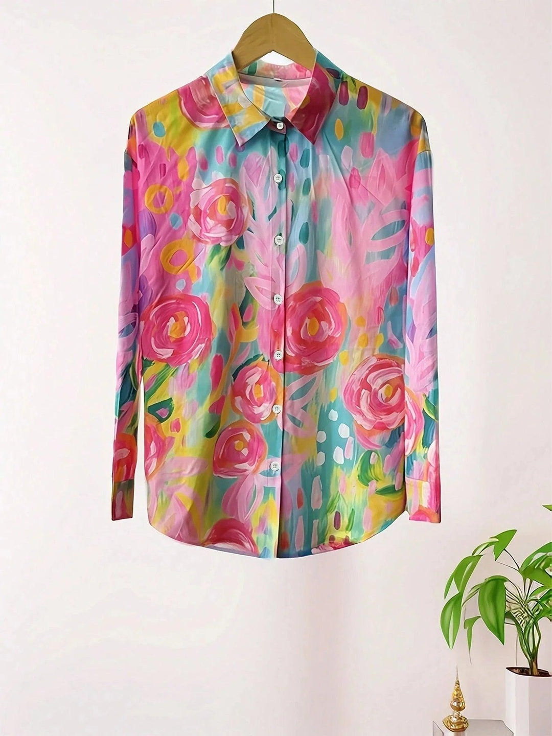 Bluse Damen Bunt | Blumendruck Langarm Knopfleiste | Sommerbluse Lockerer Schnitt Spitzkragen