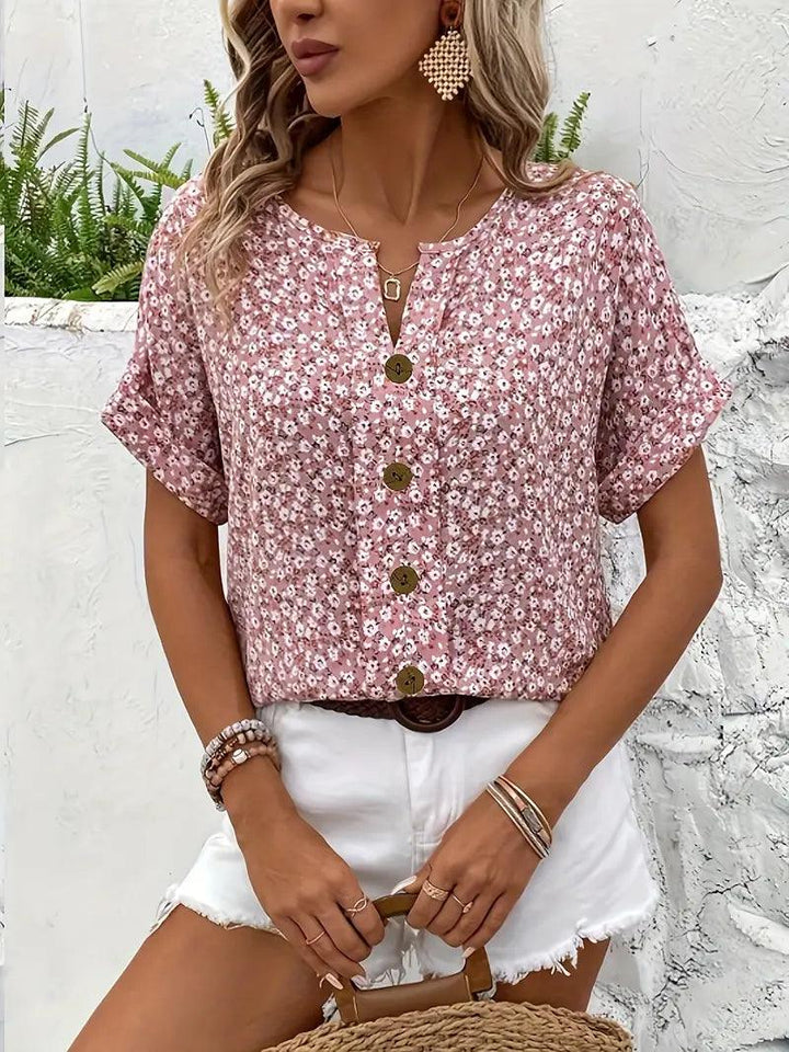 Blusentop Damen Geblümt | Kerbausschnitt Sommer Kurzarm | Sommerbluse Lockerer Schnitt Strand