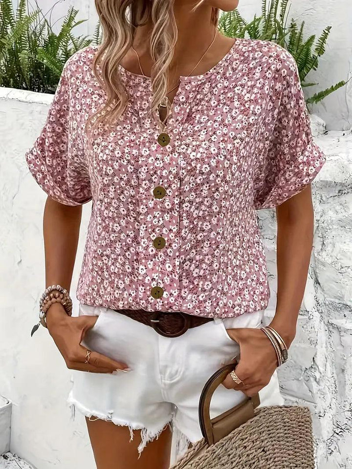 Blusentop Damen Geblümt | Kerbausschnitt Sommer Kurzarm | Sommerbluse Lockerer Schnitt Strand