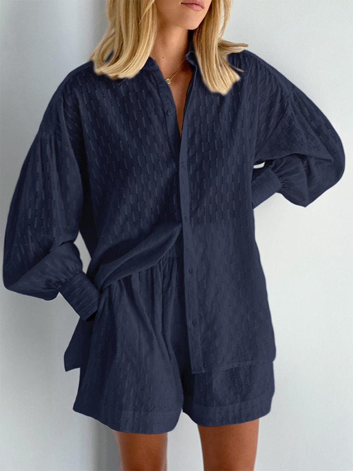 Sommerset Damen Zweiteiler | Strandtunika Damen Langarm Shorts | Loungewear Damen Lochstoff Sommer