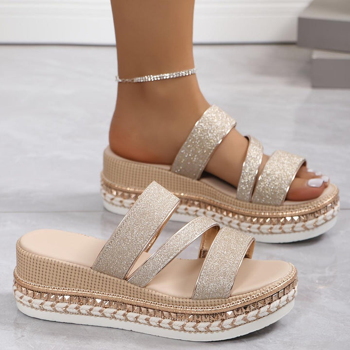 Mules Damen Gold Glitzer | Plateau Sandalen Metallic | Elegante Sommerschuhe Orthopädisch