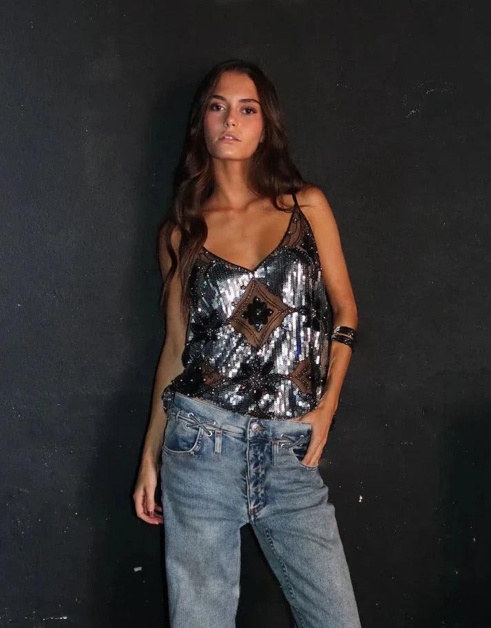Pailletten Top Damen Glitzer | V-Ausschnitt Ärmellos Perlenstickerei | Glamour Top Party Abend