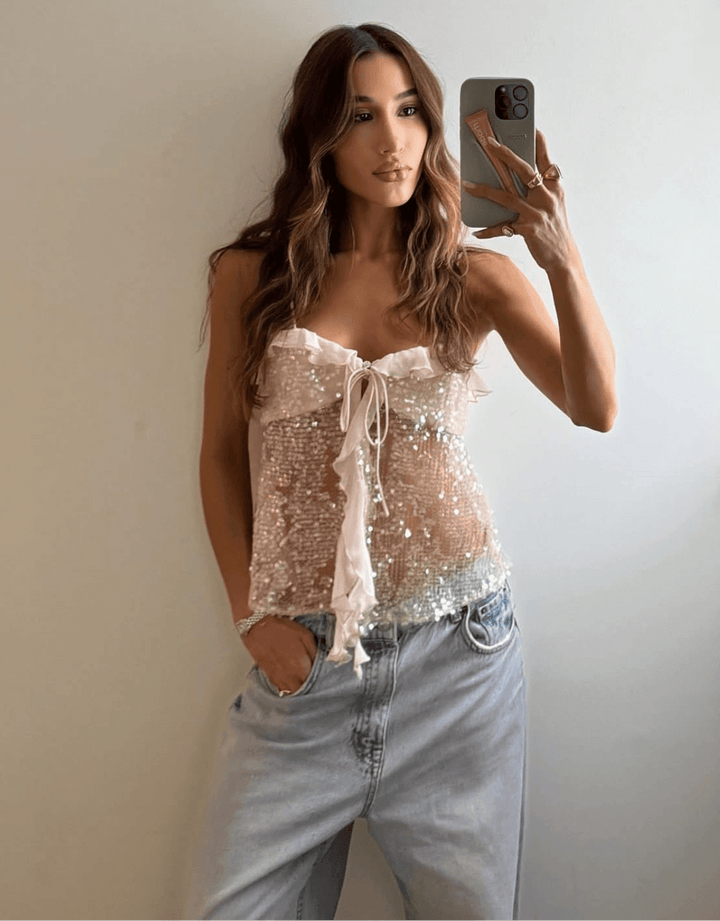 Glitzer Top Damen Weiss | Bindeband Sweetheart Ärmellos | Pailletten Top Party Sommer