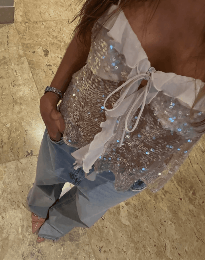 Glitzer Top Damen Weiss | Bindeband Sweetheart Ärmellos | Pailletten Top Party Sommer