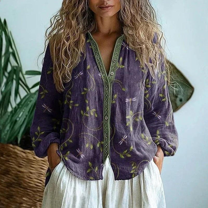 Bluse Damen Langarm | V-Ausschnitt Botanischer Druck Knopfleiste | Blumenbluse Sommer Casual