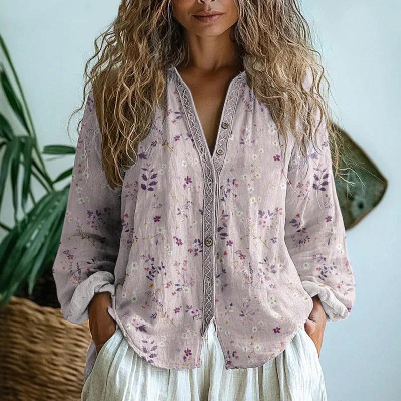 Bluse Damen Langarm | V-Ausschnitt Botanischer Druck Knopfleiste | Blumenbluse Sommer Casual