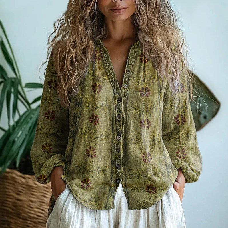 Bluse Damen Langarm | V-Ausschnitt Botanischer Druck Knopfleiste | Blumenbluse Sommer Casual