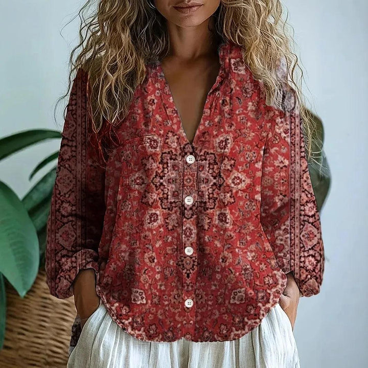 Bluse Damen Langarm | V-Ausschnitt Botanischer Druck Knopfleiste | Blumenbluse Sommer Casual