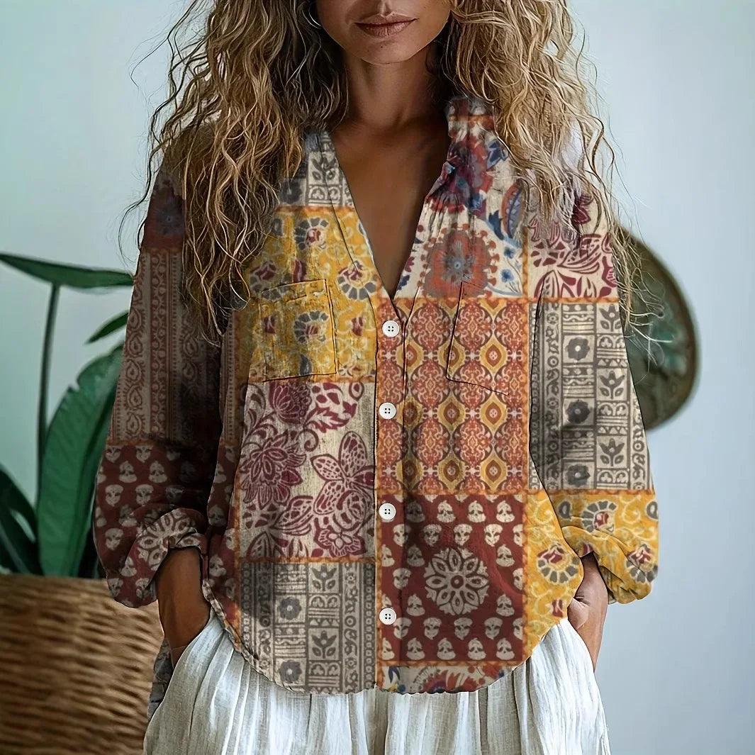 Bluse Damen Langarm | V-Ausschnitt Botanischer Druck Knopfleiste | Blumenbluse Sommer Casual