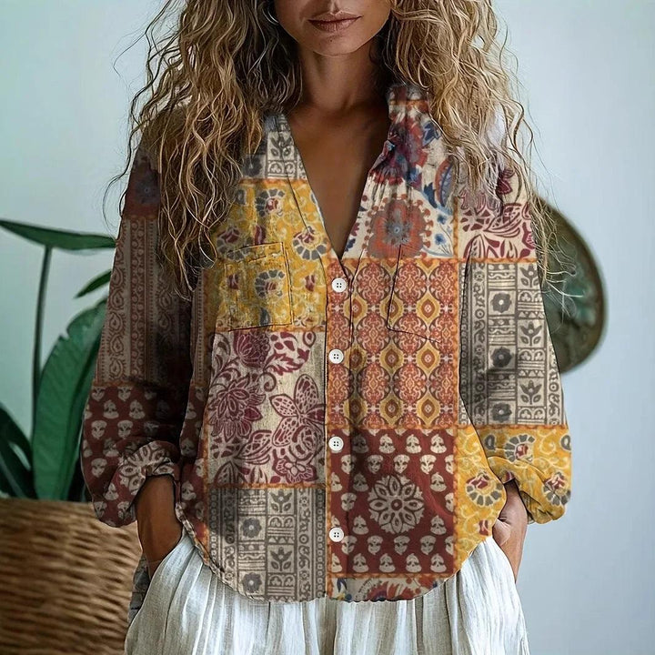 Bluse Damen Langarm | V-Ausschnitt Botanischer Druck Knopfleiste | Blumenbluse Sommer Casual