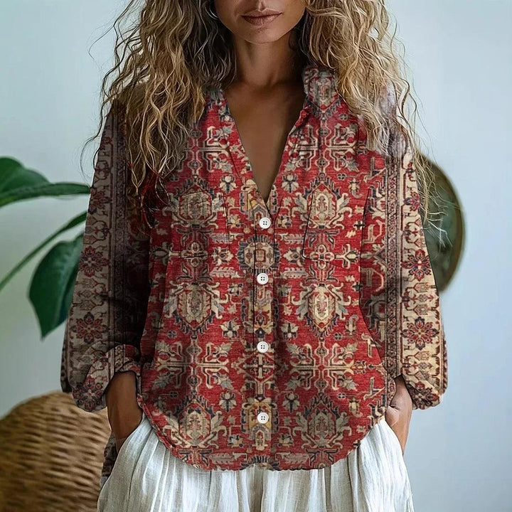 Bluse Damen Langarm | V-Ausschnitt Botanischer Druck Knopfleiste | Blumenbluse Sommer Casual