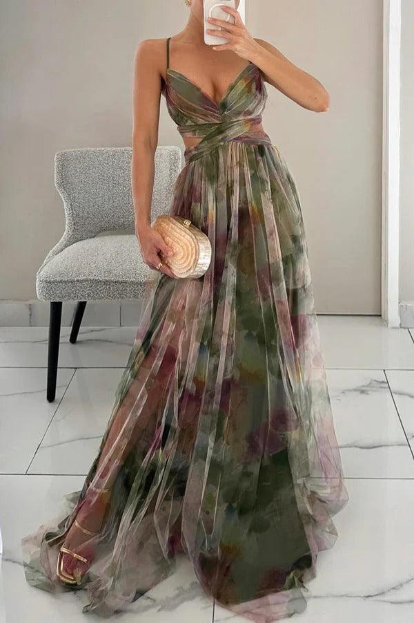 Maxikleid Hochzeitsgast Blumenmuster | Abendkleid Damen Lang Floral | Sommerkleid Damen V-Ausschnitt Maxi