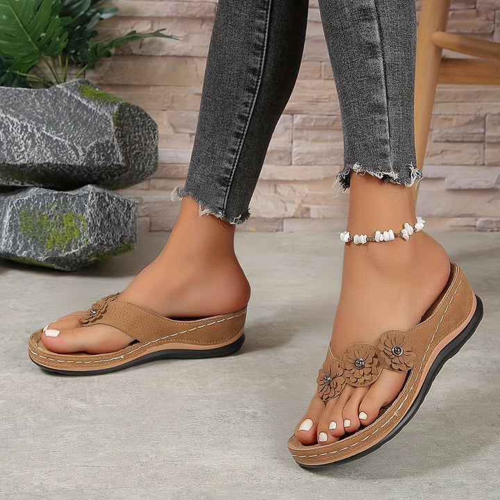 Sandalen Damen Keilabsatz Blumen | Plateau Riemchen Orthopädisch | Bequeme Sommerschuhe Elegant
