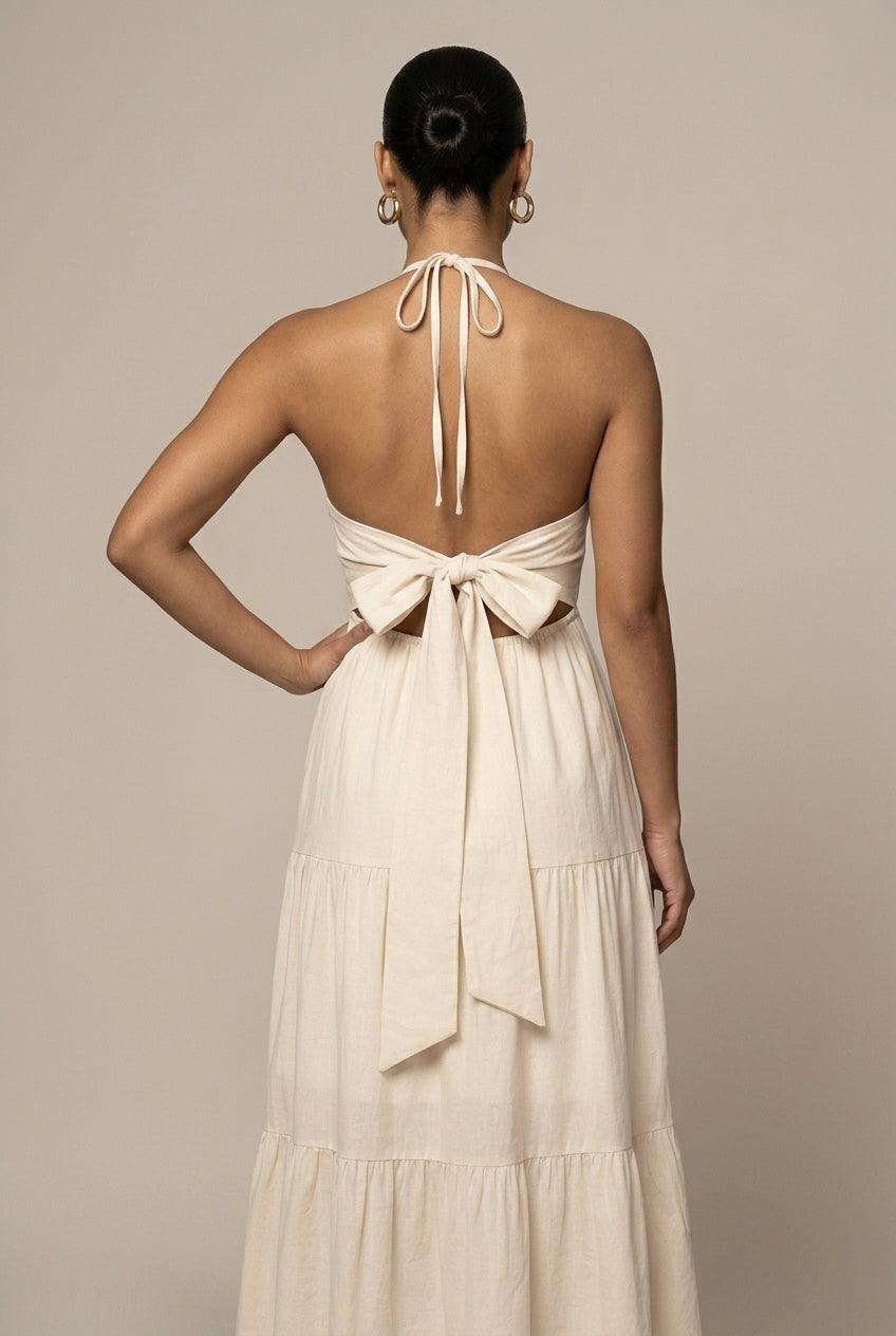 Strandkleider Damen Maxi Neckholder | Sommerkleid Damen Rueckenausschnitt Volant | Maxikleid Damen Gestuft Fliessend