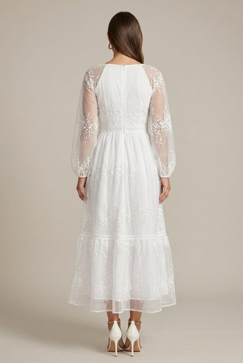 Spitzenkleid Damen Langarm | Maxikleid Damen V-Ausschnitt Gestuft | Abendkleid Damen Stickerei Lang