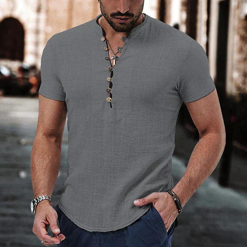 Leinen Henley Herren | Herren Hemd Grandad-Kragen | Freizeithemd Herren Leinen Baumwolle