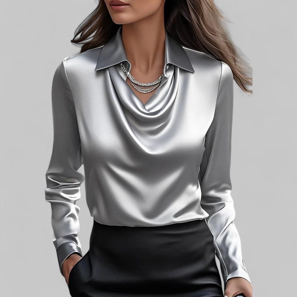 Satinbluse Damen V-Ausschnitt | Drapiert Reverskragen Langarm | Sommerbluse Elegant Büro