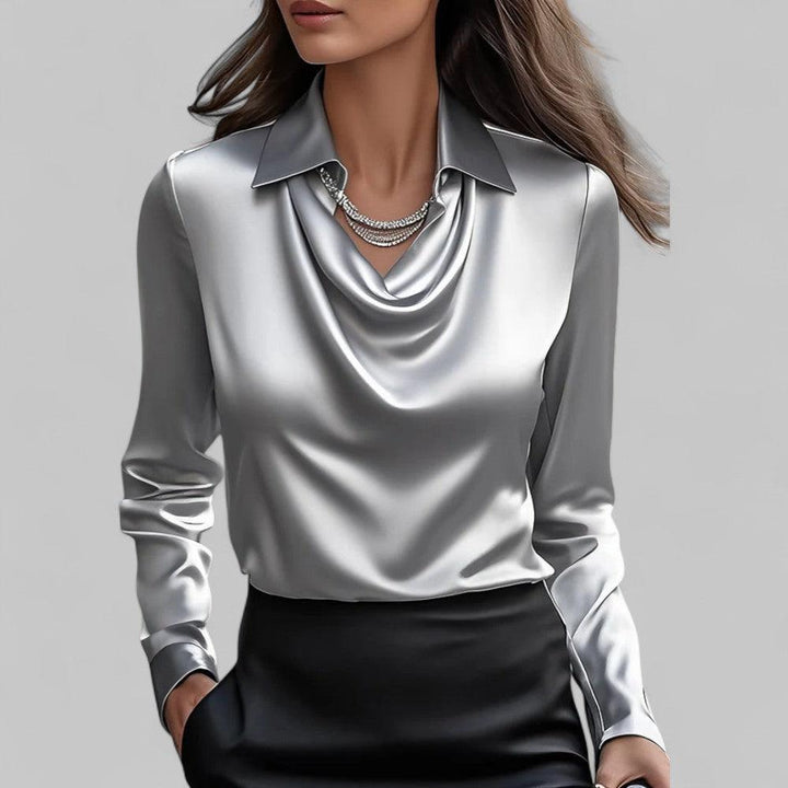 Satinbluse Damen V-Ausschnitt | Drapiert Reverskragen Langarm | Sommerbluse Elegant Büro