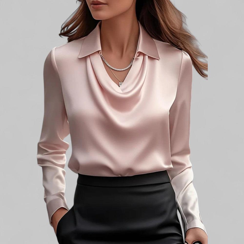 Satinbluse Damen V-Ausschnitt | Drapiert Reverskragen Langarm | Sommerbluse Elegant Büro