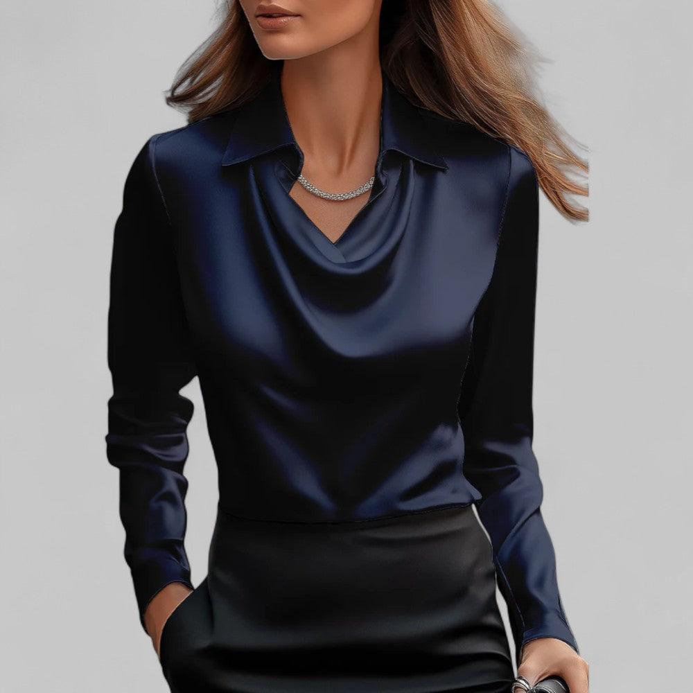 Satinbluse Damen V-Ausschnitt | Drapiert Reverskragen Langarm | Sommerbluse Elegant Büro