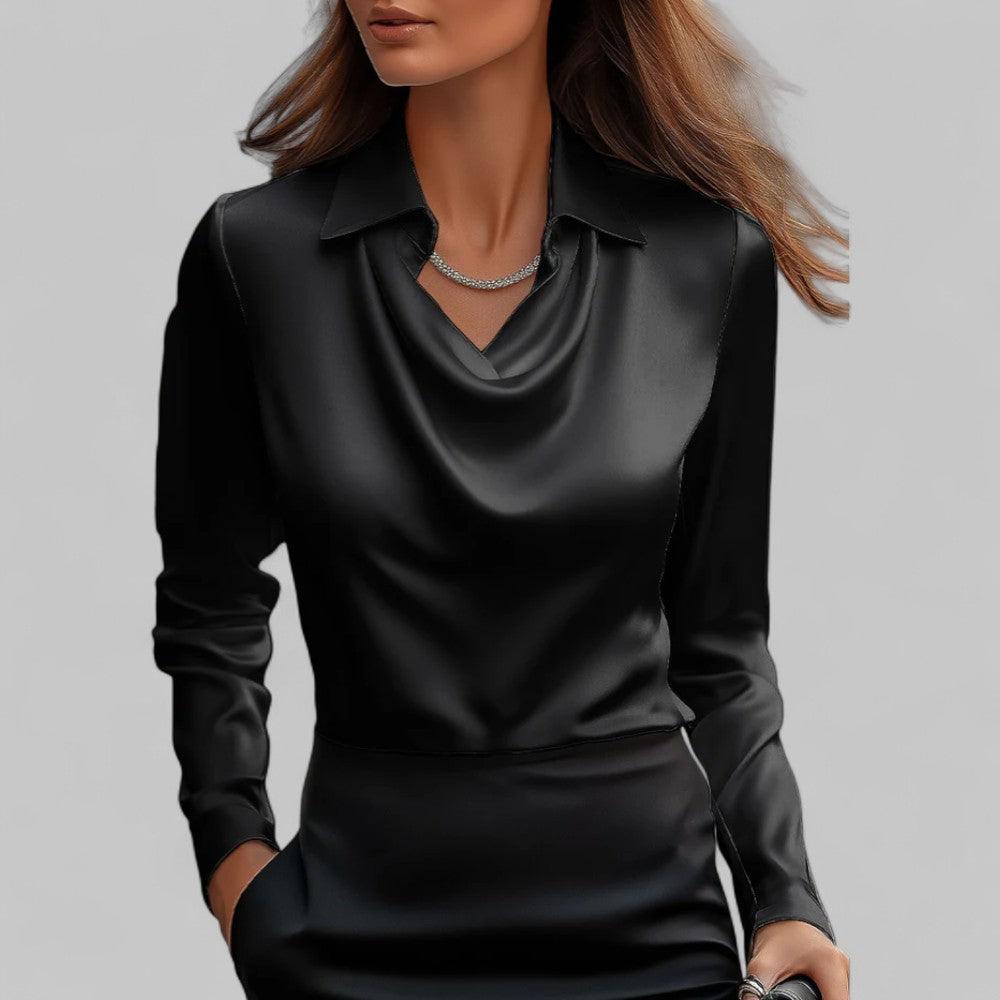 Satinbluse Damen V-Ausschnitt | Drapiert Reverskragen Langarm | Sommerbluse Elegant Büro