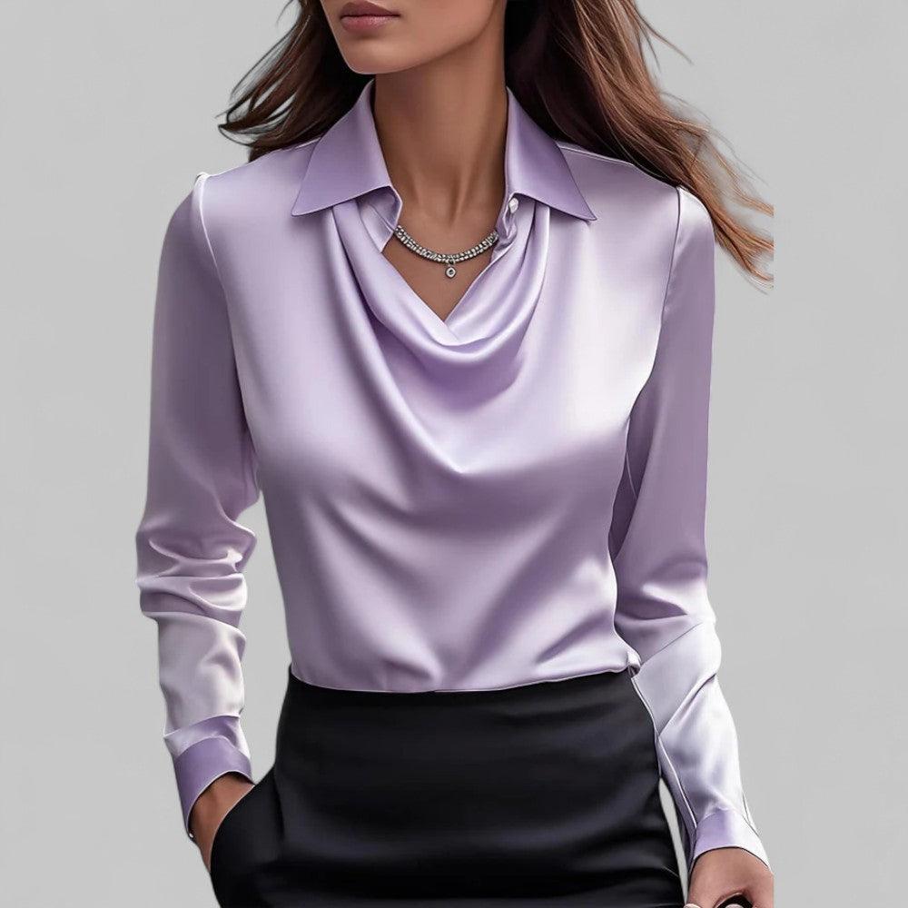Satinbluse Damen V-Ausschnitt | Drapiert Reverskragen Langarm | Sommerbluse Elegant Büro