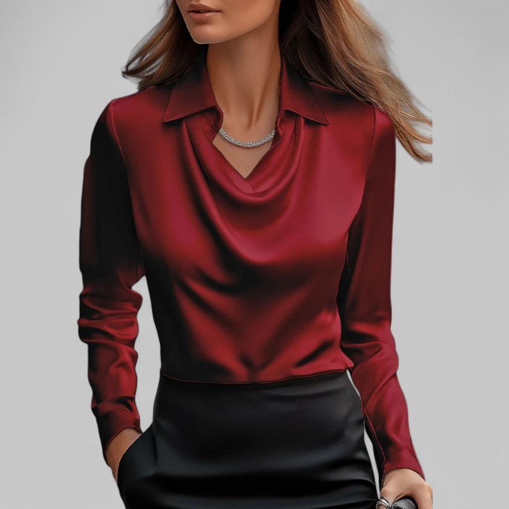 Satinbluse Damen V-Ausschnitt | Drapiert Reverskragen Langarm | Sommerbluse Elegant Büro