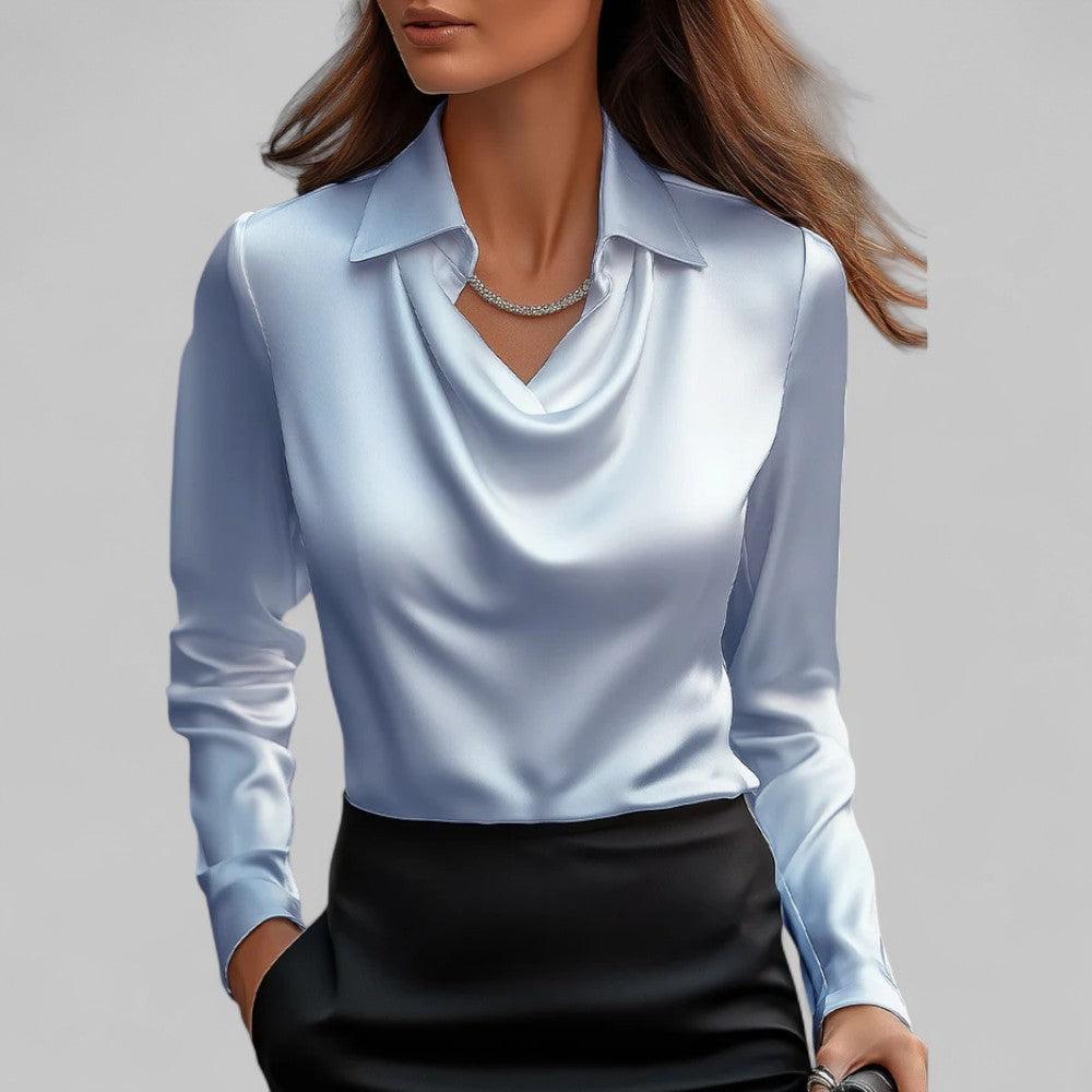 Satinbluse Damen V-Ausschnitt | Drapiert Reverskragen Langarm | Sommerbluse Elegant Büro