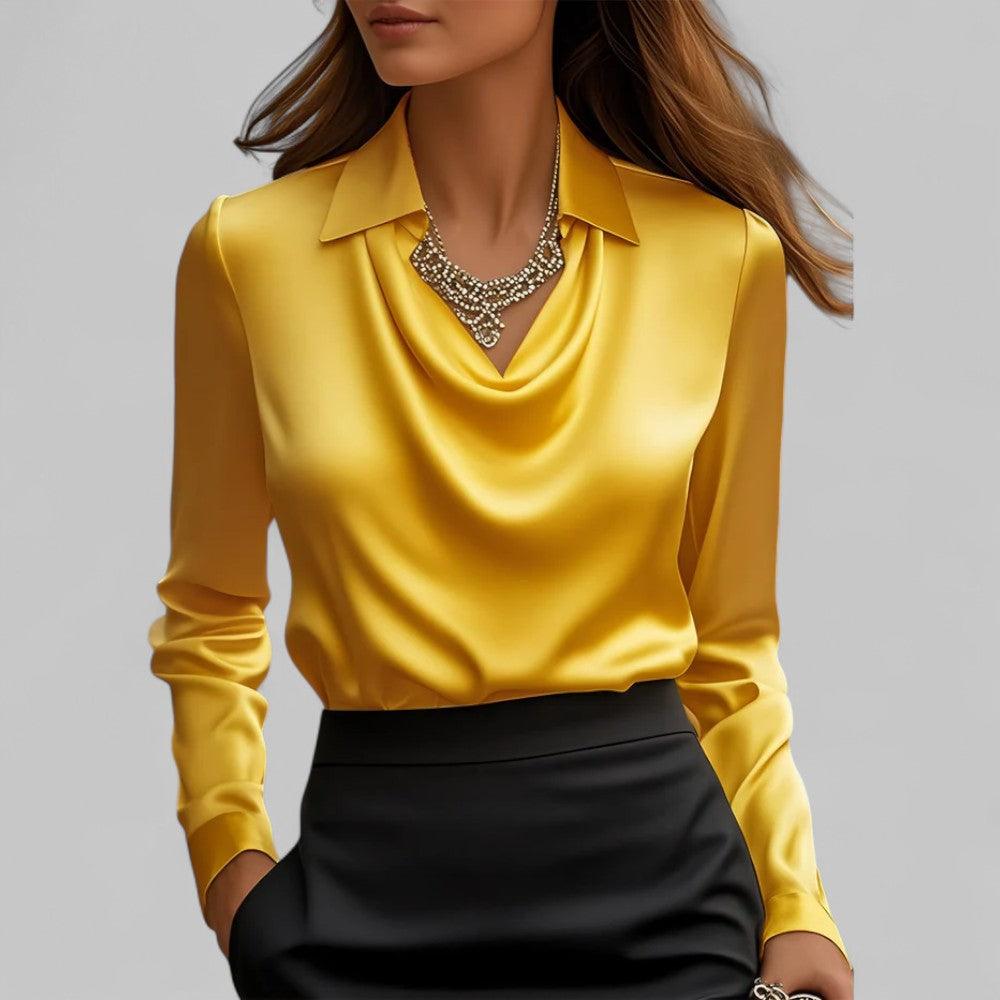 Satinbluse Damen V-Ausschnitt | Drapiert Reverskragen Langarm | Sommerbluse Elegant Büro