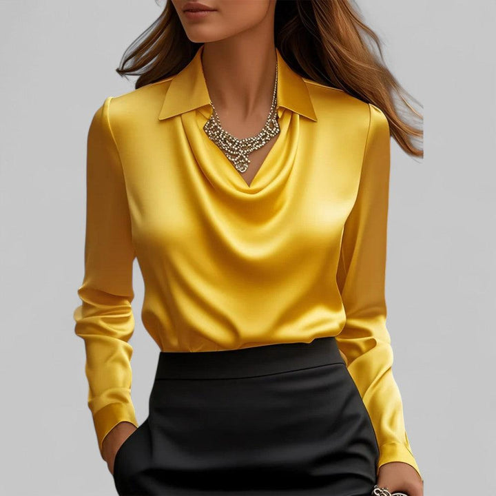 Satinbluse Damen V-Ausschnitt | Drapiert Reverskragen Langarm | Sommerbluse Elegant Büro