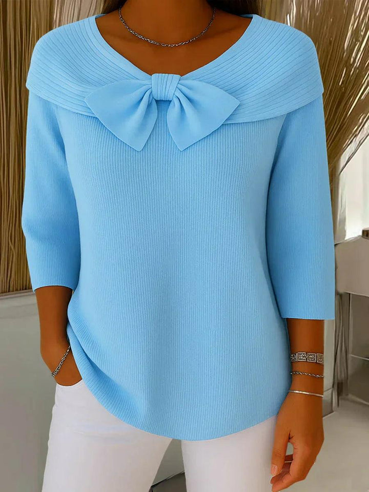 Bluse Damen Bootsausschnitt | Schleife Gerippt 3/4 Ärmel | Sommerbluse Casual Elegant