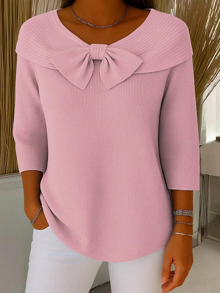 Bluse Damen Bootsausschnitt | Schleife Gerippt 3/4 Ärmel | Sommerbluse Casual Elegant