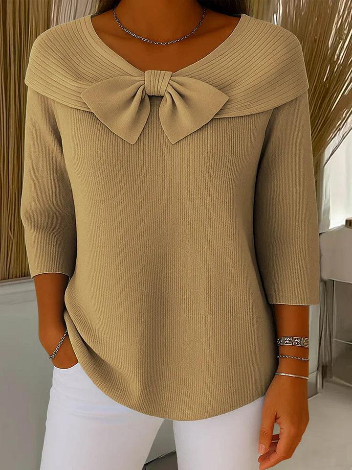 Bluse Damen Bootsausschnitt | Schleife Gerippt 3/4 Ärmel | Sommerbluse Casual Elegant