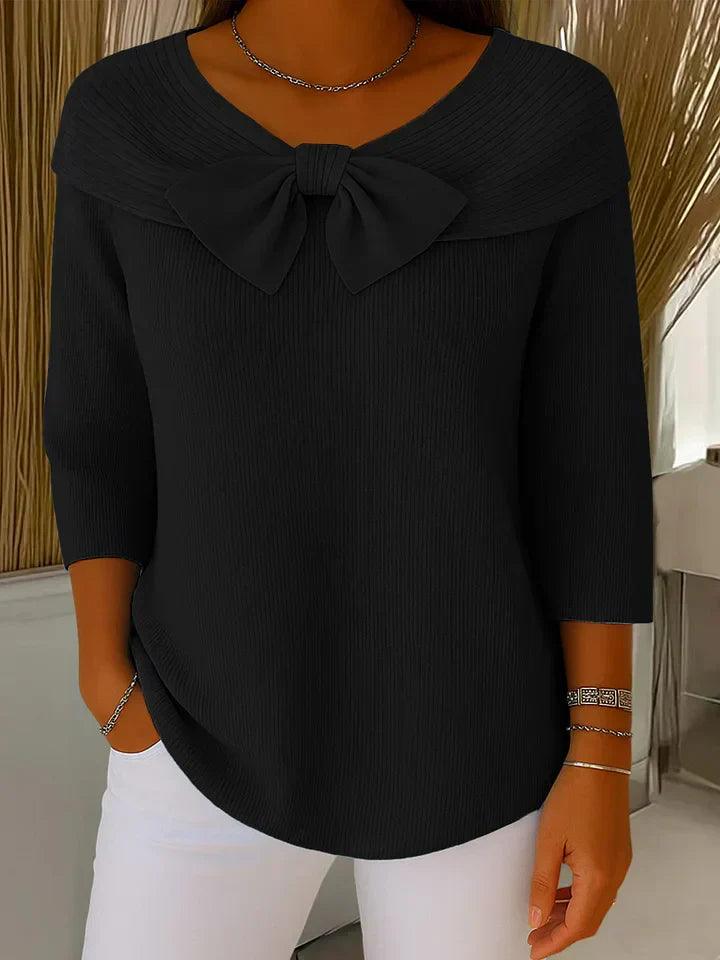 Bluse Damen Bootsausschnitt | Schleife Gerippt 3/4 Ärmel | Sommerbluse Casual Elegant