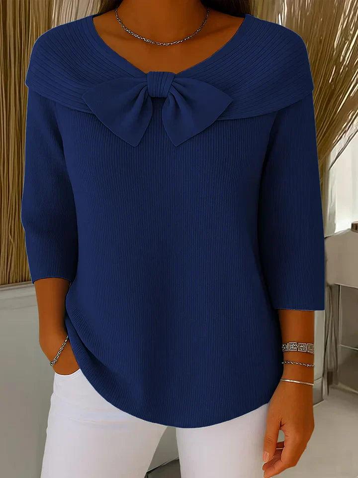 Bluse Damen Bootsausschnitt | Schleife Gerippt 3/4 Ärmel | Sommerbluse Casual Elegant