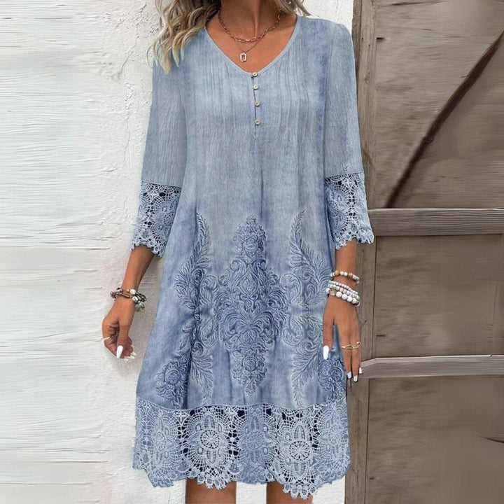 Midi Kleid Damen Denim Spitze | Jeanskleid Damen Häkeldetail | Kleid Damen Midi Stickerei