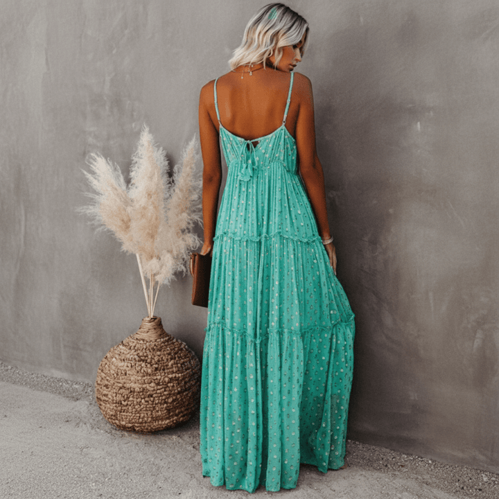 Trägerkleid Damen Sommer | Stufenkleid Maxi V-Ausschnitt | Maxikleid Rückenband Print