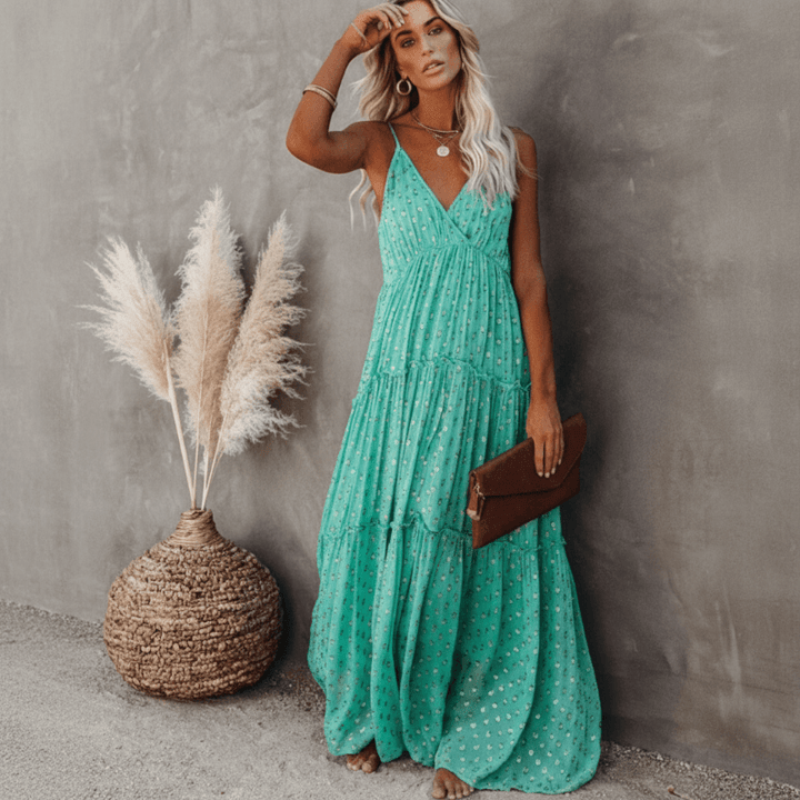 Trägerkleid Damen Sommer | Stufenkleid Maxi V-Ausschnitt | Maxikleid Rückenband Print