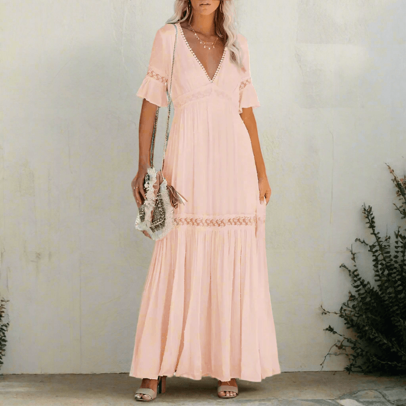 Spitzenkleid Damen Lang V-Ausschnitt | Hochzeitsgast Kleid Damen Flatterärmel | Abendkleid Damen Maxi Muschelsaum