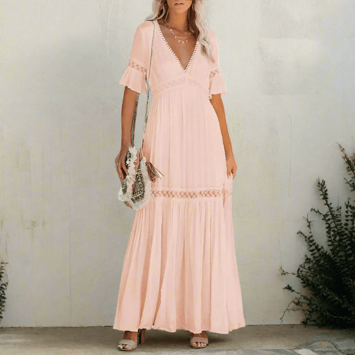 Spitzenkleid Damen Lang V-Ausschnitt | Hochzeitsgast Kleid Damen Flatterärmel | Abendkleid Damen Maxi Muschelsaum